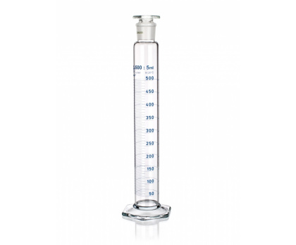 CYLINDER GRADUATED WITH SJ AND GLASS STOPPER, ALL-ROUND SCALE, BLUE / BLAU GRADUATION, CLASS A